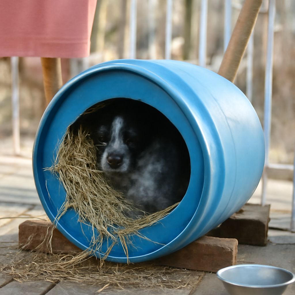 Barrel dog house and a dog house made from pallets