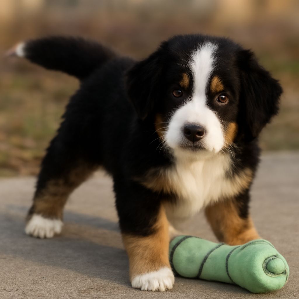A howling dog and a Great Bernese dog with tuff dog toys