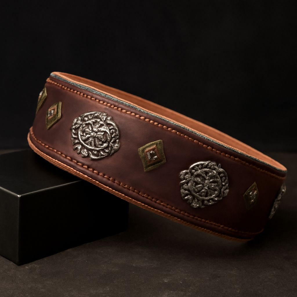 Dog collar size chart and blue leather dog collar