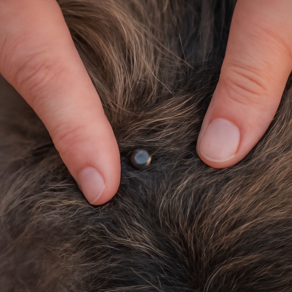 Dog tick bite lump and infected tick bite on dog belly